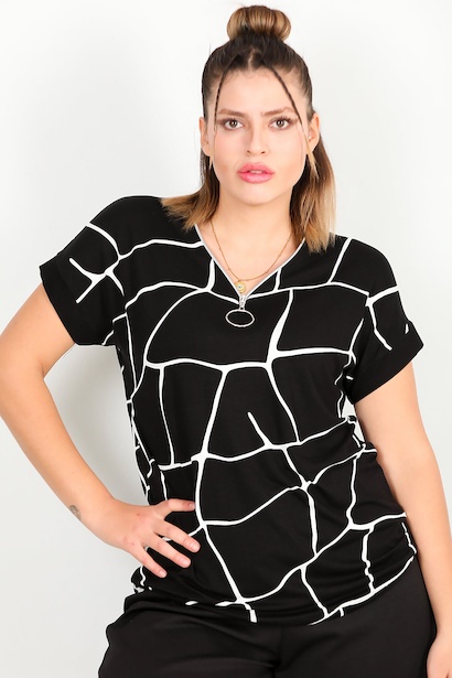 Büyük Beden Önü Fermuarlı Bluz Siyah