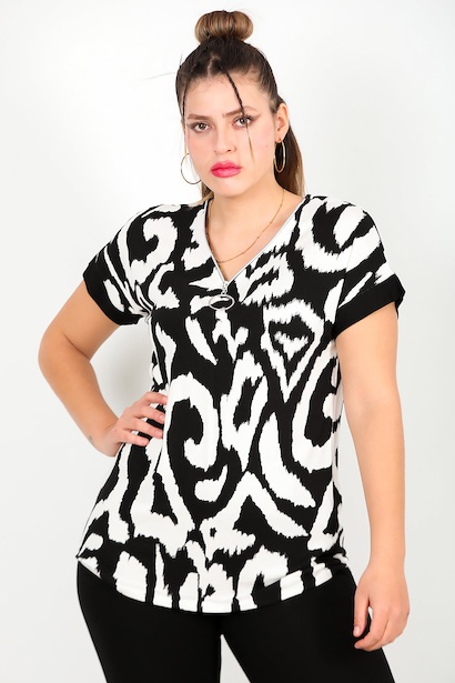 Büyük Beden Önü Fermuarlı Bluz Ekru