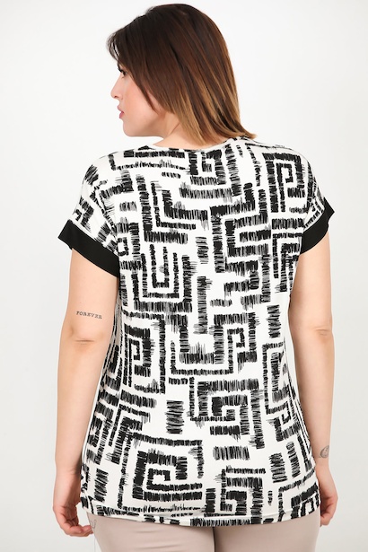 Büyük Beden Önü Fermuarlı Bluz Ekru Çok Renkli 6