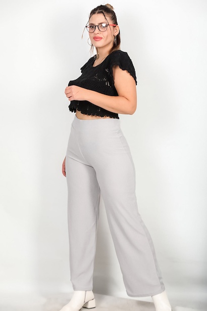 Büyük Beden Kalın Kemerli Bürümcük Pantolon Gri