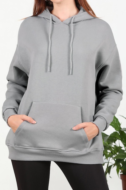 Kadın Üç İplik Kapşonlu Kanguru Cep Sweat
