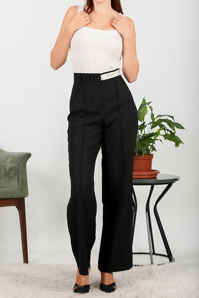 Kadın Kemerli Şeritli Palazzo Pantolon Siyah 6