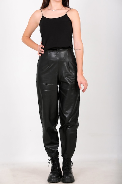 Kadın Deri Şalvar Pantolon Siyah Siyah 6