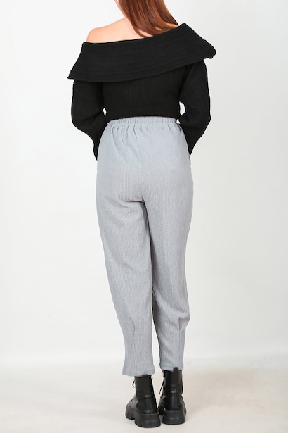 Kadın Paça Pileli Ön Bağcıklı Pantolon Gri Gri 6