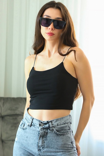 Kadın İp Askılı Bluz Siyah