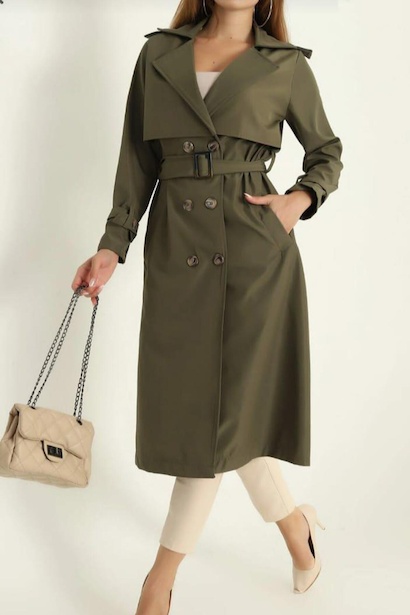 Kadın Bel Kuşaklı Düğmeli Trençkot Haki