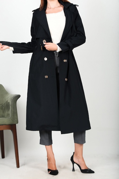 Kadın Bel Kuşaklı Düğmeli Trençkot Lacivert