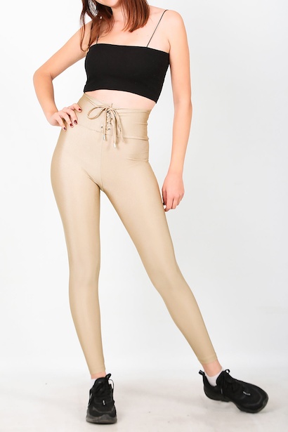 Kadın Kuşgözlü Parlak Tayt Bej