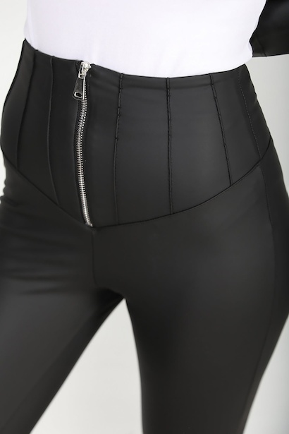 Kadın Ön Fermuarlı Deri Tayt Siyah Siyah 6