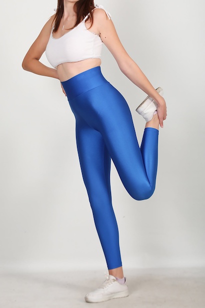 Kadın Yüksek Bel Parlak Tayt Saks