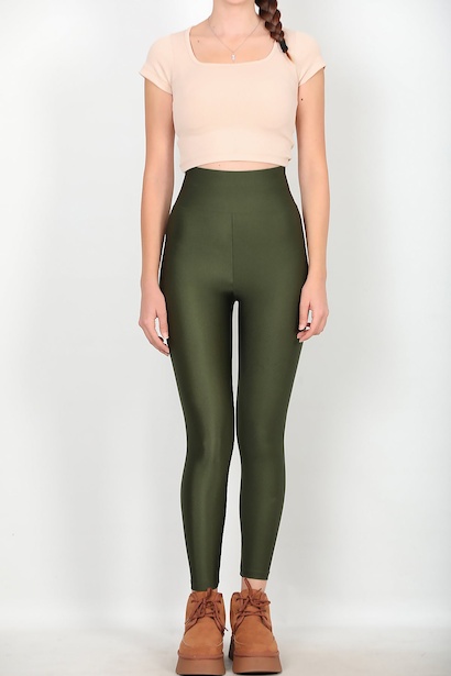 Kadın Yüksek Bel Parlak Tayt Yeşil Yeşil 6