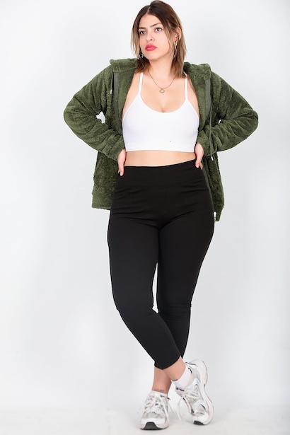 Büyük Beden Yüksek Bel Fitilli Tayt Siyah