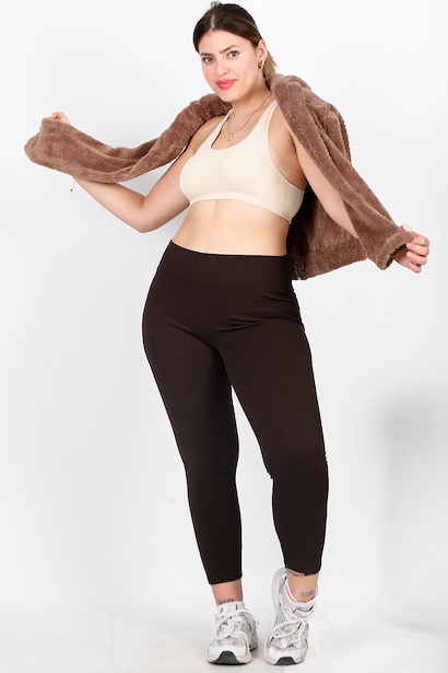 Büyük Beden Yüksek Bel Fitilli Tayt Kahverengi