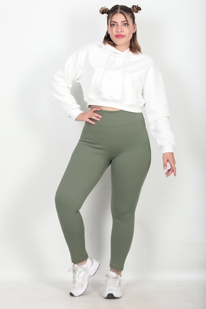 Büyük Beden Yüksek Bel Fitilli Tayt Haki