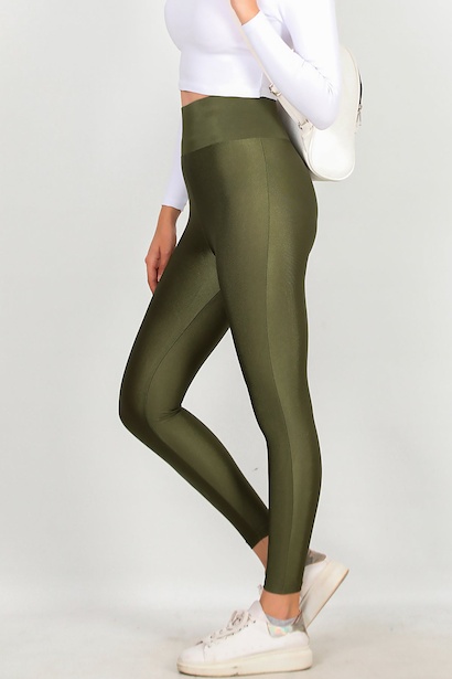 Kadın Yüksek Bel Parlak Tayt Koyu Haki