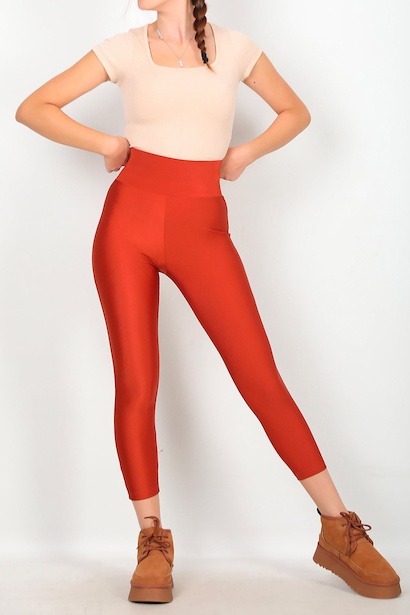 Kadın Yüksek Bel Parlak Tayt Kiremit