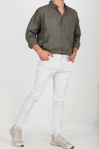 Erkek Dar Paça Kot Pantolon Beyaz