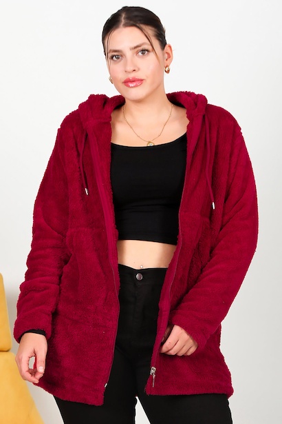 Büyük Beden Peluş Ceket Bordo