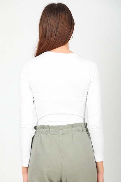 Kadın Bisiklet Yaka Kısa Uzun Kol Bluz Beyaz Beyaz 6