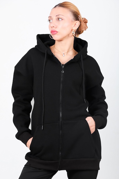 Kadın Kapşonlu Fermuarlı Oversize Üç İplik Sweat Siyah