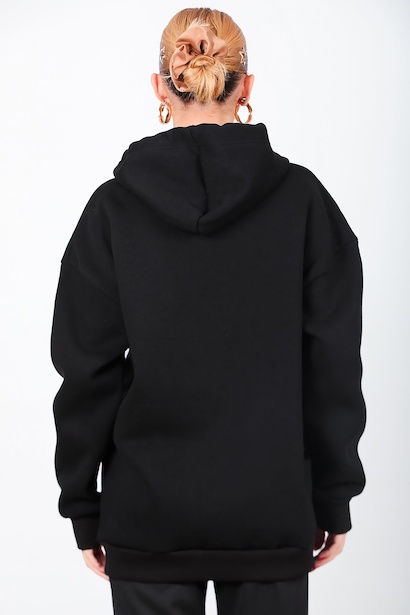 Kadın Kapşonlu Fermuarlı Oversize Üç İplik Sweat Siyah Siyah 6