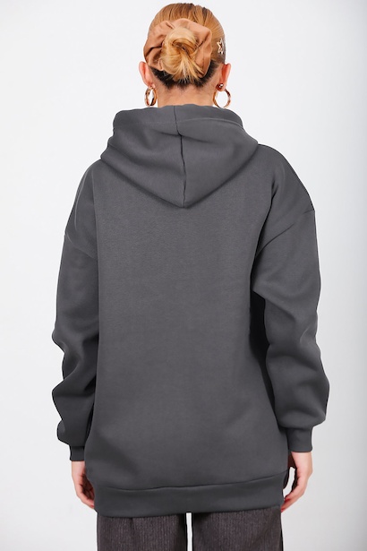 Kadın Kapşonlu Fermuarlı Oversize Üç İplik Sweat Füme Füme 6