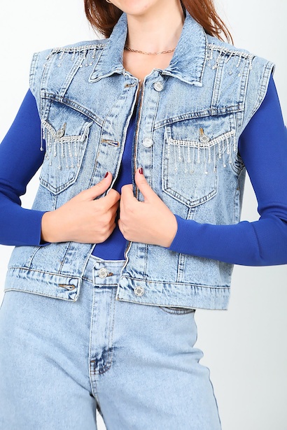 Kadın Taş Detaylı Kot Yelek Mavi