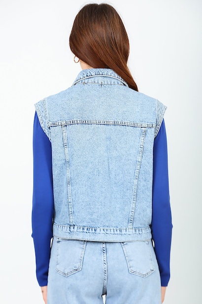 Kadın Taş Detaylı Kot Yelek Mavi Kot 6