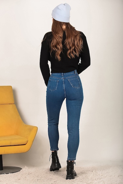 Kadın Likralı Mom Jeans Pantolon  Koyu Mavi 6