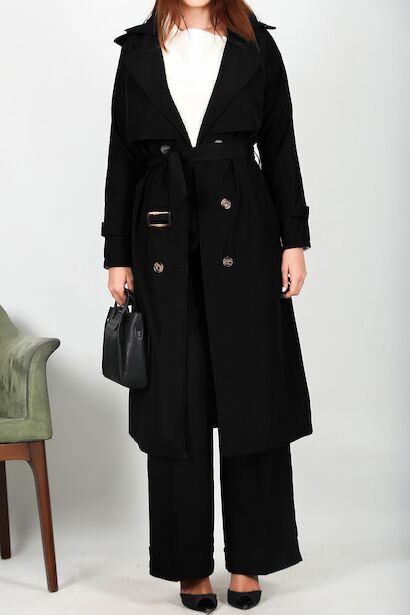 Kadın Bel Kuşaklı Düğmeli Trençkot  Siyah 6