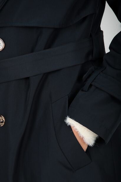 Kadın Bel Kuşaklı Düğmeli Trençkot  Lacivert 6