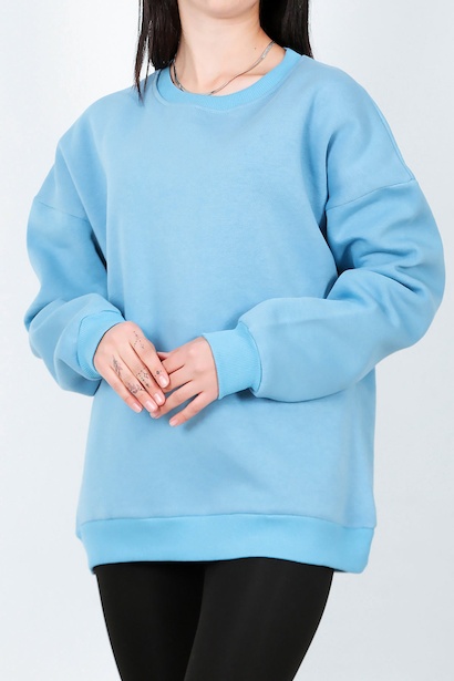 Kadın Bisiklet Yaka Üç İplik Oversize Sweat Mavi