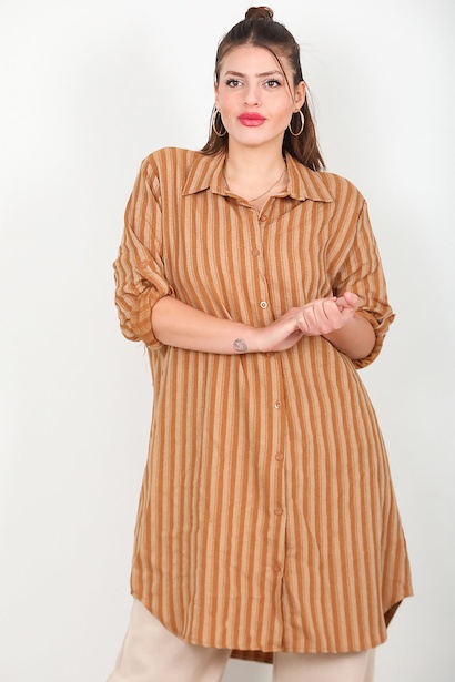 Büyük Beden Ön Düğmeli Kol Katlamalı Tunik Bej