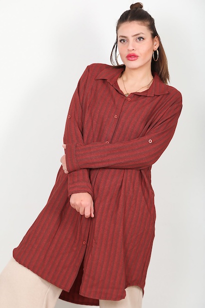 Büyük Beden Ön Düğmeli Kol Katlamalı Tunik Kiremit