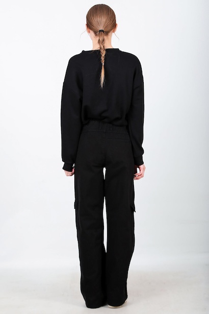 Kadın Kargo Cepli Bol Paça Gabardin Pantolon  Siyah 6