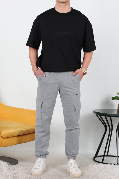 Erkek İki İplik Kargo Cep Paça Lastikli Eşofman  Koyu Gri 6