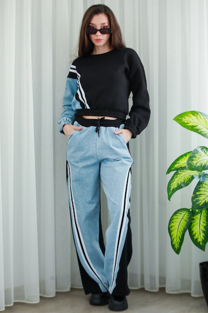 Kadın Önü Kot Detaylı Beli Lastikli Eşofman  Siyah 6