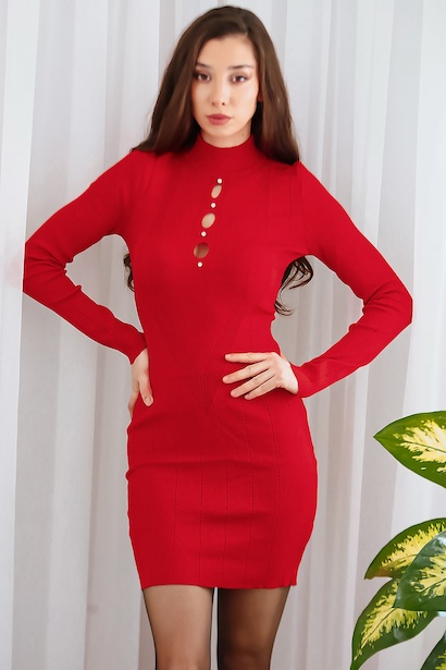Kadın Damla Dekolteli Taşlı Triko Kısa Elbise  Kırmızı 6