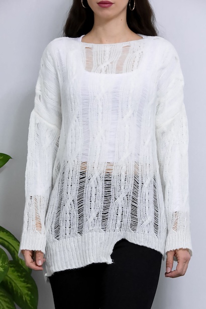 Kadın Kayık Yaka Fileli Triko Bluz  Ekru 6