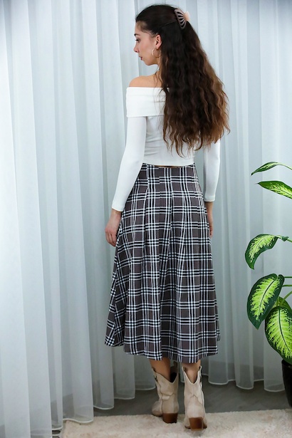 Kadın Kemer Detaylı Yırtmaçlı Ekose Etek  Kahverengi 6