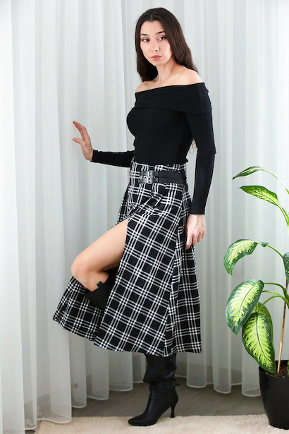 Kadın Kemer Detaylı Yırtmaçlı Ekose Etek 