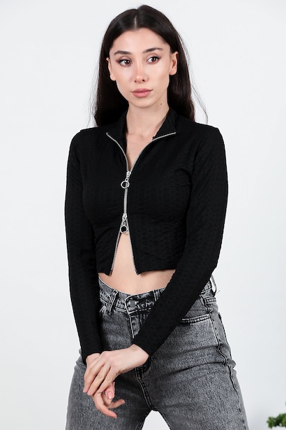 Kadın Çift Fermuarlı Burgu Ceket  Siyah 6