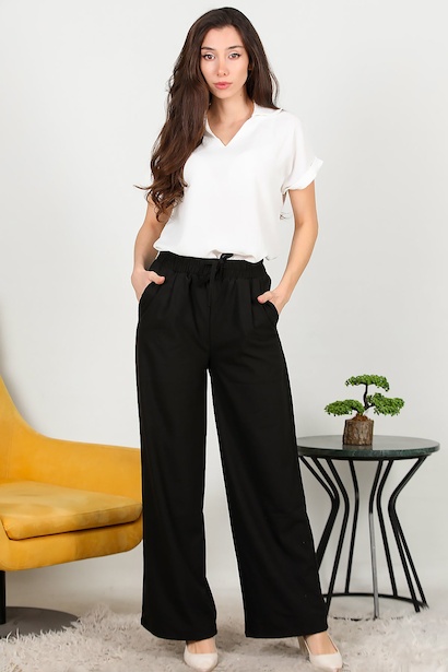 Kadın Beli Lastikli Pile Detaylı Bol Paça Kumaş Pantolon 