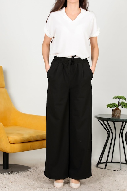 Kadın Beli Lastikli Pile Detaylı Bol Paça Kumaş Pantolon  Siyah 6