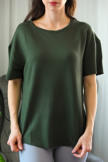 Kadın Eteği Oval Bisiklet Yaka Tshırt  Haki 6