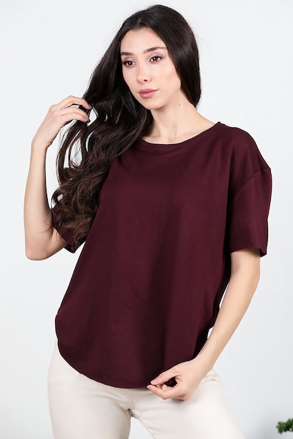 Kadın Eteği Oval Bisiklet Yaka Tshırt  Bordo 6