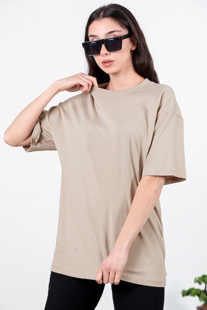 Kadın Bisiklet Yaka Oversize Tshırt 