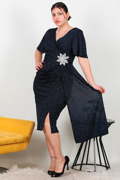 Büyük Beden Beli Çicek Taşlı Midi Boy Abiye 