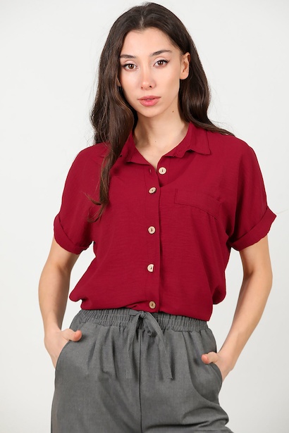 Kadın Gömlek Yaka Tahta Düğmeli Bluz 