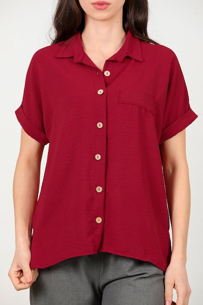 Kadın Gömlek Yaka Tahta Düğmeli Bluz  Bordo 6